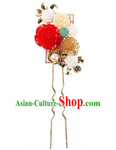 Korean National Wedding Hair Accessories Bride Red Flower Hairpins, Korean Hanbok Fashion Palace Hair Clasp for Women