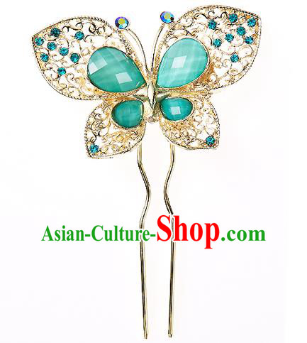 Korean National Wedding Hair Accessories Bride Hairpins Crystal Green Butterfly Hair Clip, Korean Hanbok Fashion Palace Hair Clasp for Women