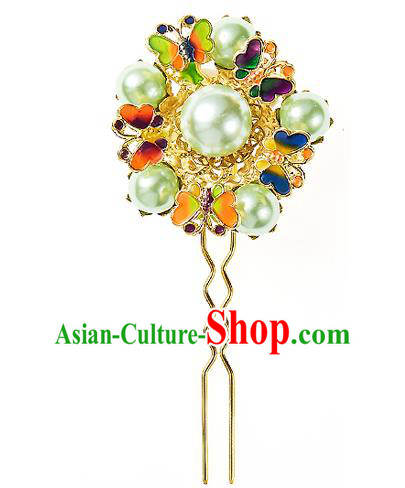 Korean National Wedding Hair Accessories Bride Hairpins Green Beads Round Hair Clip, Korean Hanbok Fashion Palace Hair Clasp for Women