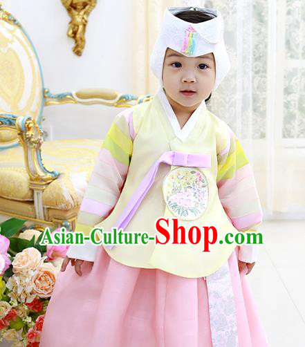 Asian Korean National Handmade Formal Occasions Wedding Clothing Yellow Blouse and Pink Dress Palace Hanbok Costume for Kids