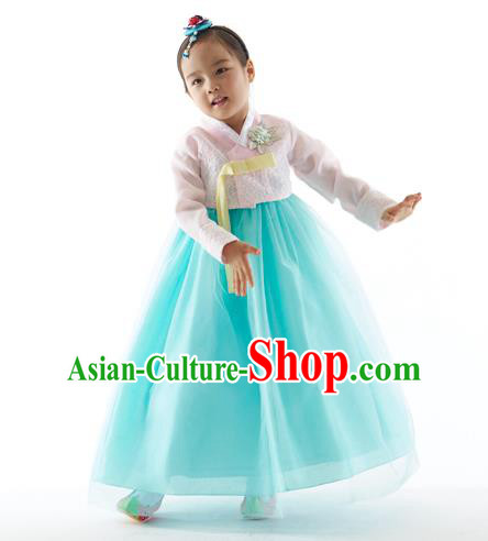 Asian Korean National Handmade Formal Occasions Wedding Clothing Pink Blouse and Blue Dress Palace Hanbok Costume for Kids