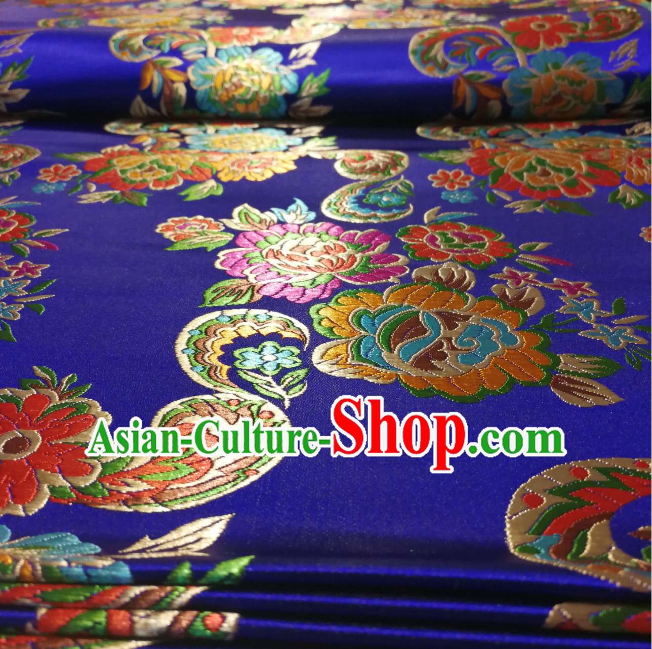 Royal Blue Color Chinese Royal Palace Style Traditional Flower Peony Pattern Design Brocade Fabric Silk Fabric Chinese Fabric Asian Material