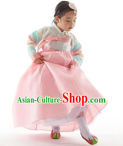 Asian Korean National Handmade Formal Occasions Wedding Clothing Embroidered White Blouse and Pink Dress Palace Hanbok Costume for Kids