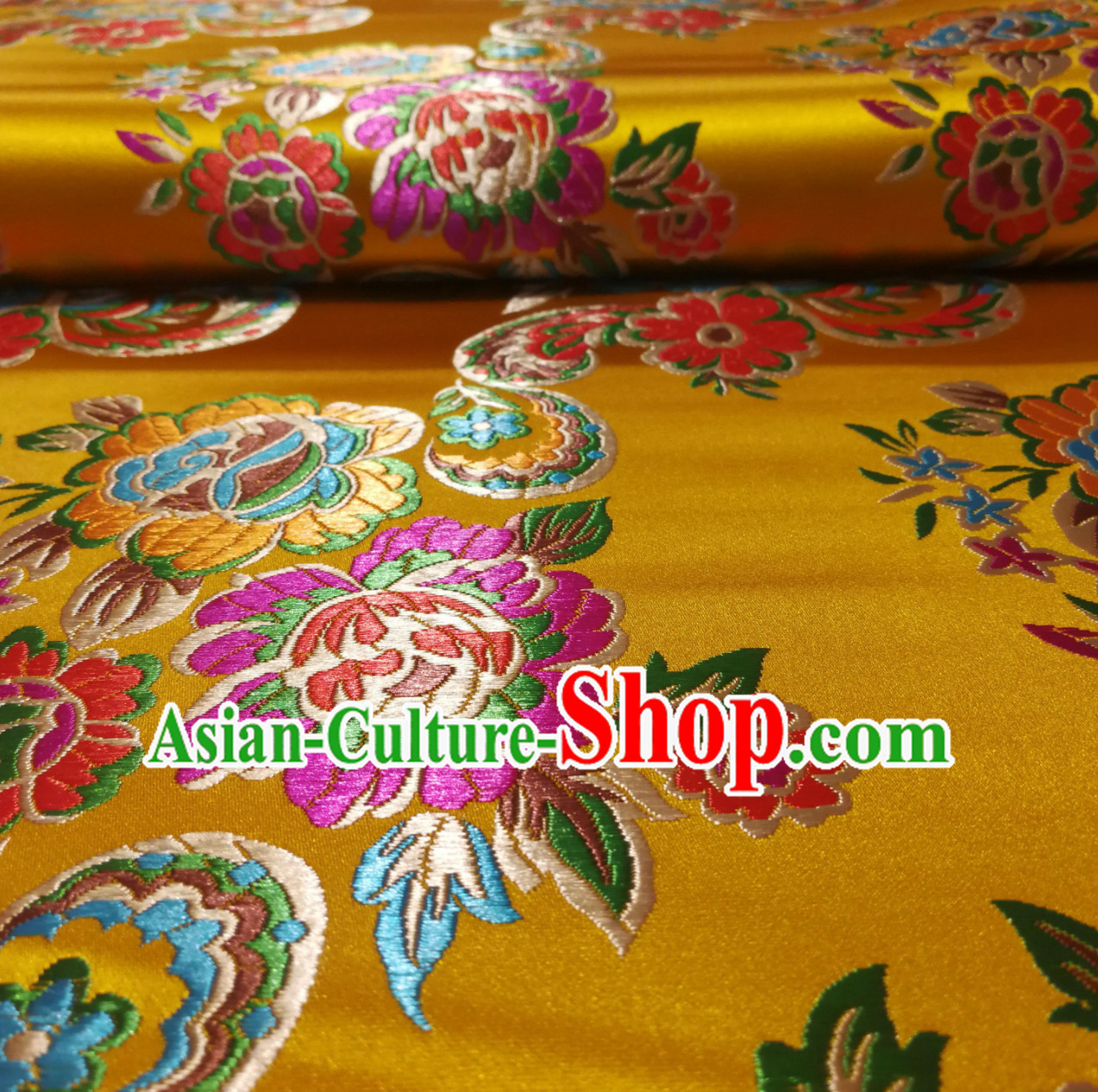 Royal Yellow Color Chinese Royal Palace Style Traditional Flower Peony Pattern Design Brocade Fabric Silk Fabric Chinese Fabric Asian Material