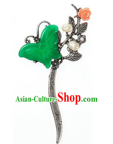 Korean National Wedding Hair Accessories Bride Green Butterfly Hair Clip, Korean Hanbok Fashion Palace Hairpins for Women