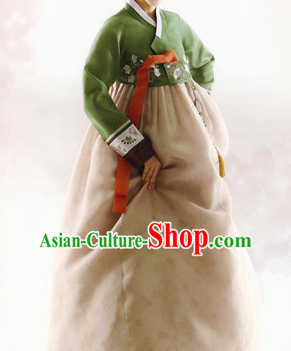 Asian Korean National Handmade Formal Occasions Wedding Bride Clothing Green Embroidered Blouse and Brown Dress Palace Hanbok Costume for Women
