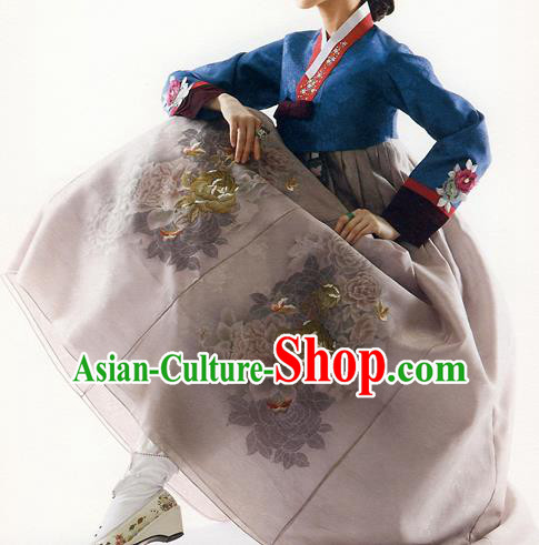 Asian Korean National Handmade Formal Occasions Wedding Bride Clothing Embroidered Blue Blouse and Grey Dress Palace Hanbok Costume for Women