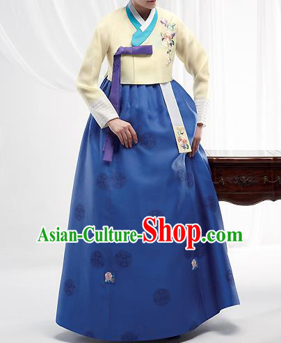 Asian Korean National Handmade Formal Occasions Wedding Bride Clothing Embroidered Yellow Blouse and Blue Dress Palace Hanbok Costume for Women