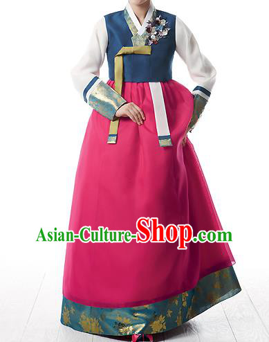 Asian Korean National Handmade Formal Occasions Wedding Bride Clothing Embroidered Navy Blouse and Pink Dress Palace Hanbok Costume for Women