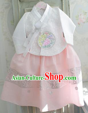 Asian Korean National Handmade Formal Occasions Wedding Bride Clothing Embroidered White Blouse and Pink Dress Palace Hanbok Costume for Kids