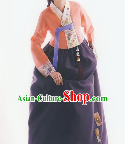 Korean National Handmade Formal Occasions Wedding Bride Clothing Embroidered Orange Blouse and Purple Dress Palace Hanbok Costume for Women