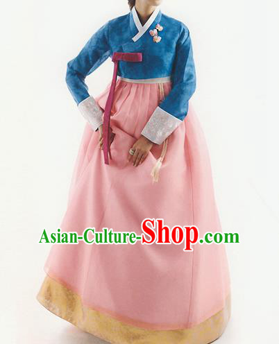 Korean National Handmade Formal Occasions Wedding Bride Clothing Hanbok Costume Embroidered Blue Blouse and Pink Dress for Women