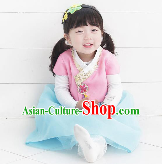 Asian Korean National Handmade Formal Occasions Wedding Bride Clothing Embroidered Pink Blouse and Blue Dress Palace Hanbok Costume for Kids