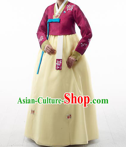 Asian Korean National Handmade Formal Occasions Wedding Bride Clothing Embroidered Amaranth Blouse and Yellow Dress Palace Hanbok Costume for Women