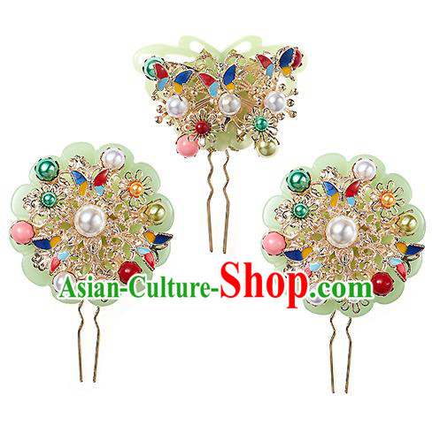Korean National Hair Accessories Butterfly Pearls Wedding Hair Stick, Asian Korean Hanbok Fashion Bride Headwear Hairpins for Women