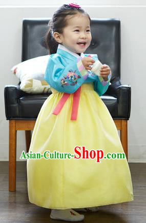 Asian Korean National Handmade Formal Occasions Wedding Bride Clothing Embroidered Blue Blouse and Yellow Dress Palace Hanbok Costume for Kids