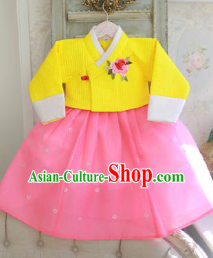 Asian Korean National Handmade Formal Occasions Clothing Embroidered Yellow Blouse and Pink Dress Palace Hanbok Costume for Kids