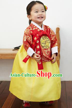 Asian Korean National Handmade Formal Occasions Clothing Embroidered Red Blouse and Yellow Dress Palace Hanbok Costume for Kids