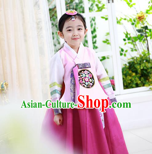 Korean National Handmade Formal Occasions Girls Hanbok Costume Embroidered Pink Blouse and Red Dress for Kids
