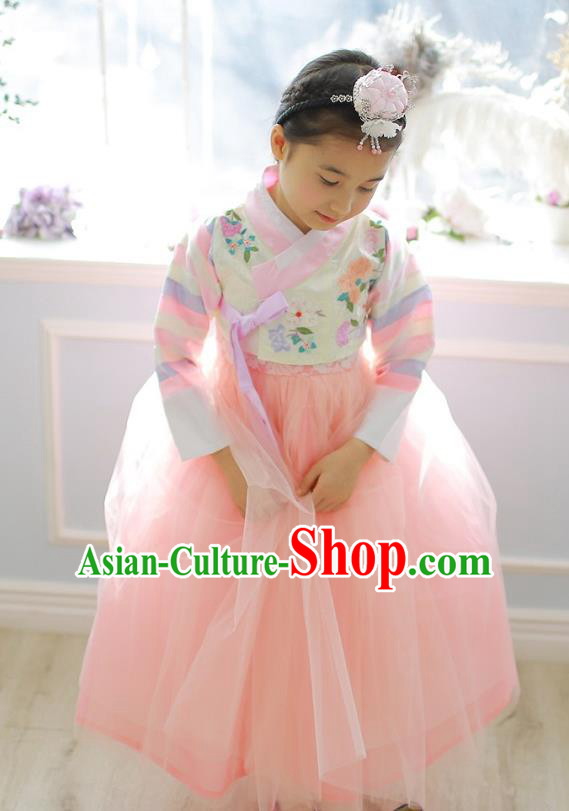 Korean National Handmade Formal Occasions Girls Hanbok Costume Embroidered White Blouse and Pink Veil Dress for Kids