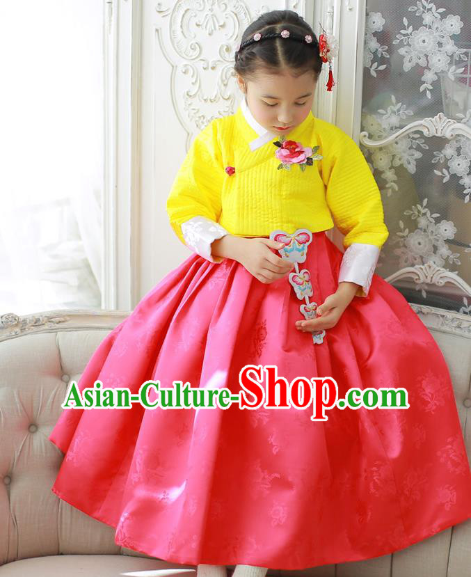 Korean National Handmade Formal Occasions Girls Hanbok Costume Embroidered Yellow Blouse and Red Dress for Kids