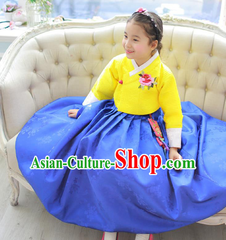 Korean National Handmade Formal Occasions Girls Hanbok Costume Embroidered Yellow Blouse and Blue Dress for Kids
