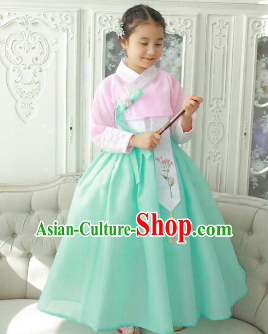 Korean National Handmade Formal Occasions Girls Hanbok Costume Embroidered Pink Blouse and Green Dress for Kids