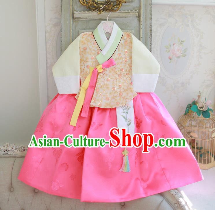 Korean National Handmade Formal Occasions Girls Hanbok Costume Embroidered Yellow Blouse and Pink Dress for Kids