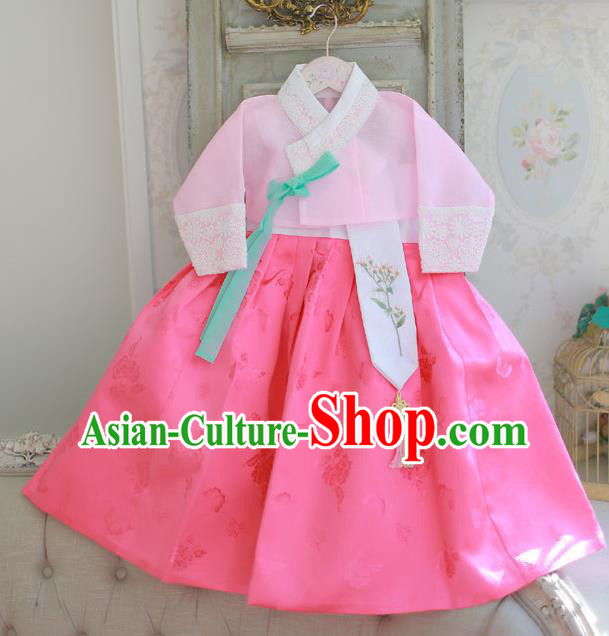 Korean National Handmade Formal Occasions Girls Hanbok Costume Embroidered Pink Blouse and Dress for Kids
