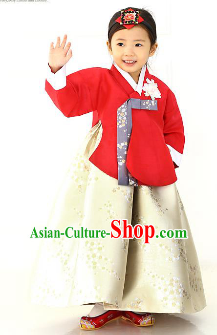 Korean National Handmade Formal Occasions Girls Hanbok Costume Embroidered Red Blouse and Yellow Dress for Kids