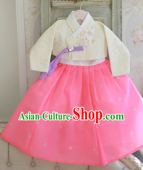 Korean National Handmade Formal Occasions Bride Clothing Hanbok Costume Embroidered White Blouse and Pink Dress for Kids