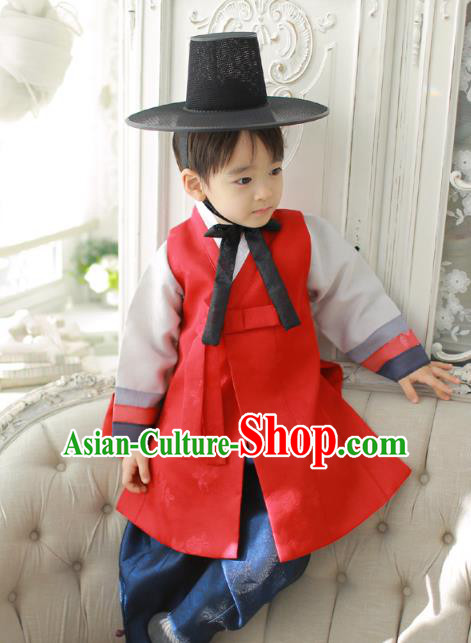 Asian Korean National Traditional Handmade Formal Occasions Boys Embroidery Red Vest Prince Hanbok Costume Complete Set for Kids