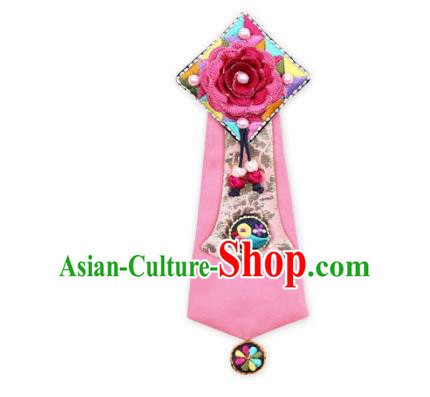 Korean National Hair Accessories Pink Embroidered Hair Ribbon Headband, Asian Korean Hanbok Fashion Bride Headwear for Kids