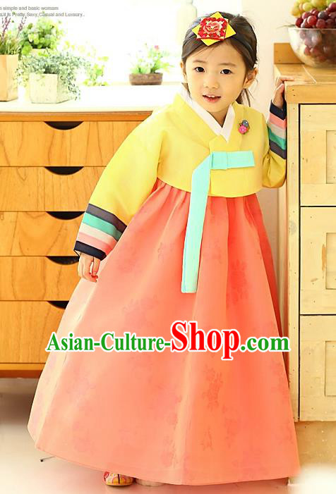 Asian Korean National Handmade Formal Occasions Wedding Girls Clothing Yellow Blouse and Pink Dress Palace Hanbok Costume for Kids