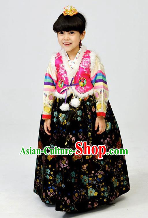 Asian Korean National Handmade Formal Occasions Wedding Girls Clothing Rosy Vest and Black Dress Palace Hanbok Costume for Kids