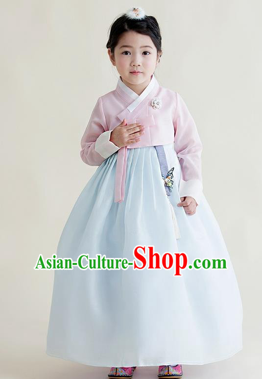 Asian Korean National Handmade Formal Occasions Wedding Girls Clothing Embroidered Pink Blouse and Blue Dress Palace Hanbok Costume for Kids