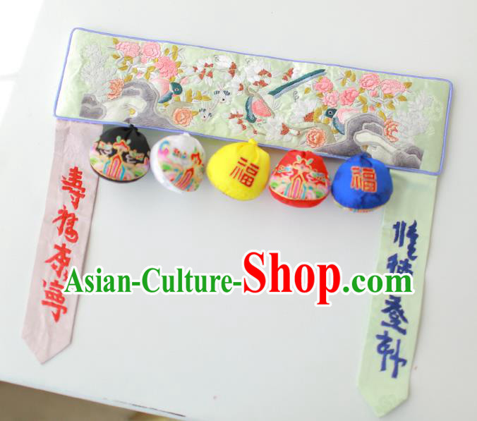 Traditional Korean Accessories Embroidered Birds Flowers Green Waist Belts, Asian Korean Fashion Waistband Decorations for Kids