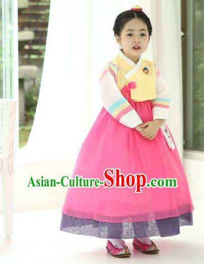 Asian Korean National Handmade Formal Occasions Wedding Girls Clothing Palace Hanbok Costume Embroidered Yellow Blouse and Pink Dress for Kids
