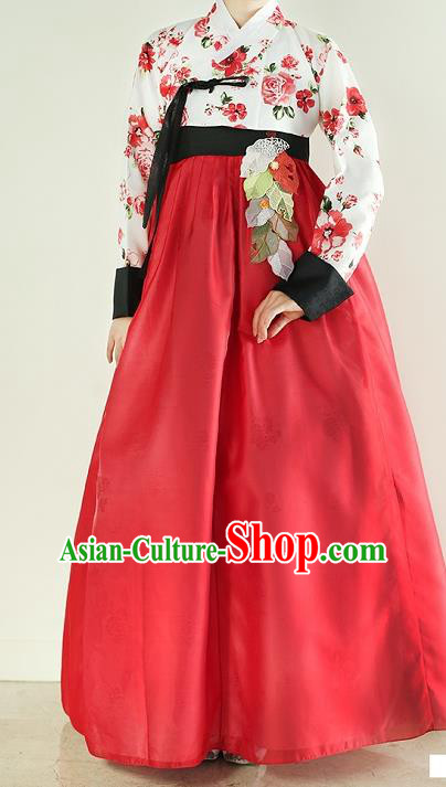 Asian Korean National Handmade Wedding Clothing Palace Bride Hanbok Costume Embroidered White Blouse and Red Dress for Women