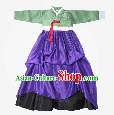 Top Grade Korean National Handmade Wedding Clothing Palace Bride Hanbok Costume Embroidered Green Blouse and Purple Dress for Women