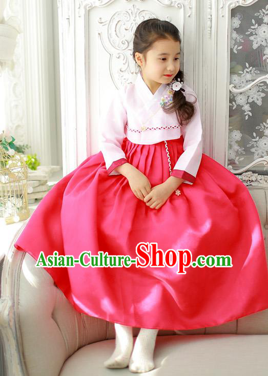 Korean National Handmade Formal Occasions Girls Clothing Palace Hanbok Costume Embroidered Pink Blouse and Red Dress for Kids