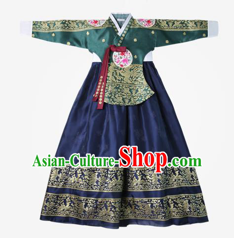 Top Grade Korean National Handmade Wedding Clothing Palace Bride Hanbok Costume Embroidered Green Blouse and Navy Dress for Women