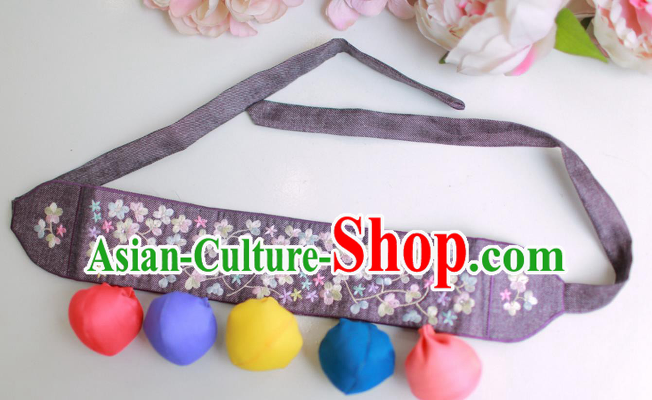 Traditional Korean Accessories Embroidered Flowers Purple Waist Belts, Asian Korean Fashion Waistband Decorations for Kids