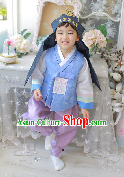 Asian Korean National Traditional Handmade Formal Occasions Boys Embroidery Light Blue Vest Hanbok Costume Complete Set for Kids