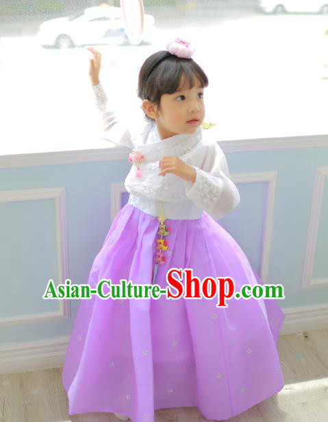 Korean National Handmade Formal Occasions Girls Clothing Palace Hanbok Costume Embroidered White Blouse and Purple Dress for Kids