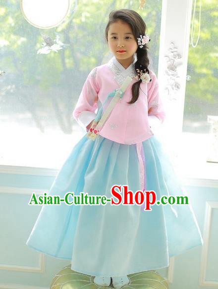 Korean National Handmade Formal Occasions Girls Clothing Palace Hanbok Costume Embroidered Pink Blouse and Blue Dress for Kids