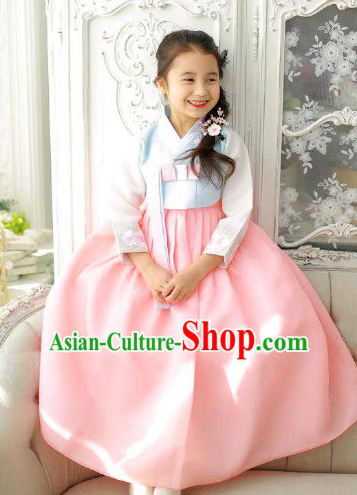 Korean National Handmade Formal Occasions Girls Clothing Palace Hanbok Costume Embroidered Blue Blouse and Pink Dress for Kids