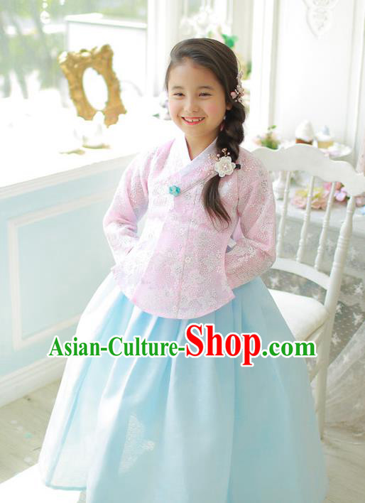 Korean National Handmade Formal Occasions Girls Clothing Palace Hanbok Costume Embroidered Pink Lace Blouse and Blue Dress for Kids