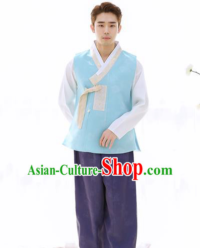 Asian Korean National Traditional Formal Occasions Wedding Bridegroom Embroidery Blue Vest Hanbok Costume Complete Set for Men