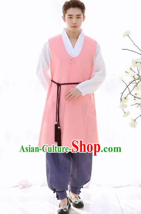 Asian Korean National Traditional Formal Occasions Wedding Bridegroom Embroidery Pink Long Vest Hanbok Costume Complete Set for Men